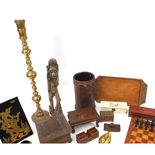 584 - Group of wooden and metal ware including chess board and pieces, African art, large turned candlesti... 