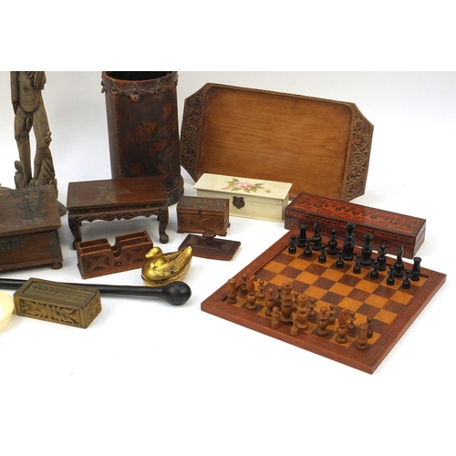 584 - Group of wooden and metal ware including chess board and pieces, African art, large turned candlesti... 