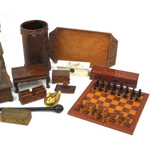 584 - Group of wooden and metal ware including chess board and pieces, African art, large turned candlesti... 