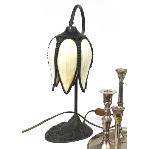 565 - Tiffany style tulip lamp, onyx and brass lamp and a set of white metal candlesticks on tray