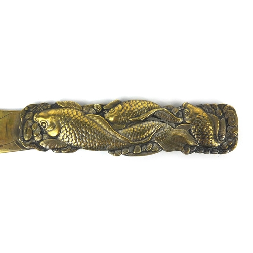 431 - Oriental brass folding knife decorated with fish, 9.5cm in length when closed