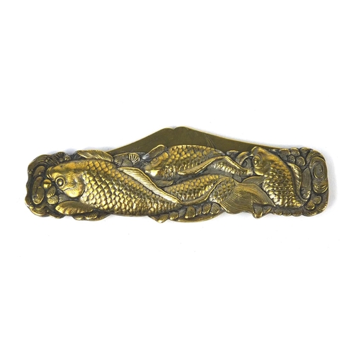 431 - Oriental brass folding knife decorated with fish, 9.5cm in length when closed