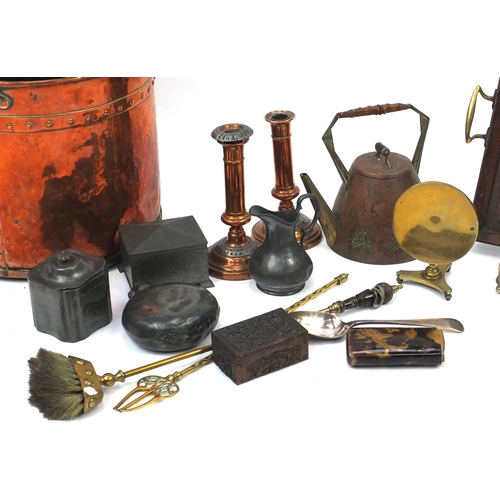 324 - Wooden and metalware including a copper bucket, antique pewter tea caddy and flask, pair of candlest... 