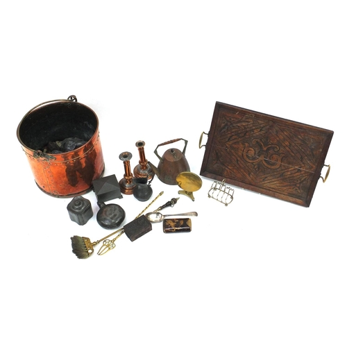 324 - Wooden and metalware including a copper bucket, antique pewter tea caddy and flask, pair of candlest... 