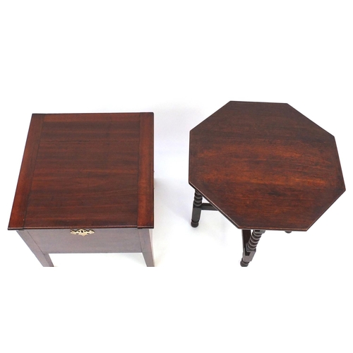 82 - Mahogany work box with brass handles together with a folding oak occasional table, the largest 53cm ... 