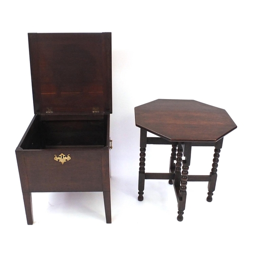 82 - Mahogany work box with brass handles together with a folding oak occasional table, the largest 53cm ... 