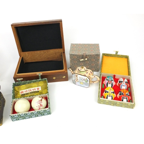 513 - Group of Oriental items including an enamelled teapot, jewellery cabinet, face masks etc