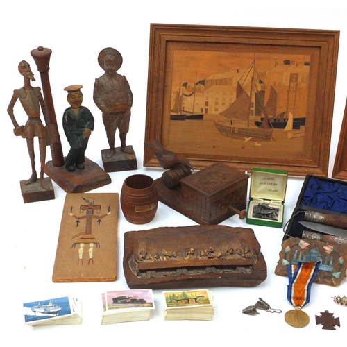 495 - Selection of wooden items including carved figures, novelty cigarette dispenser, drunken sailor bott... 