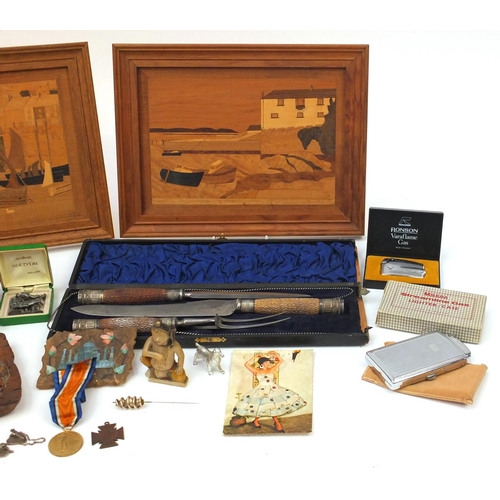 495 - Selection of wooden items including carved figures, novelty cigarette dispenser, drunken sailor bott... 