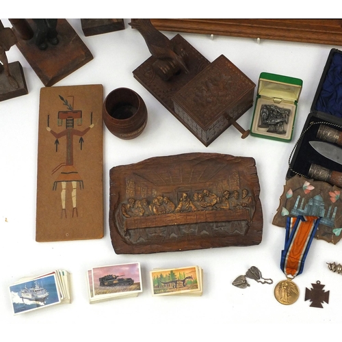 495 - Selection of wooden items including carved figures, novelty cigarette dispenser, drunken sailor bott... 