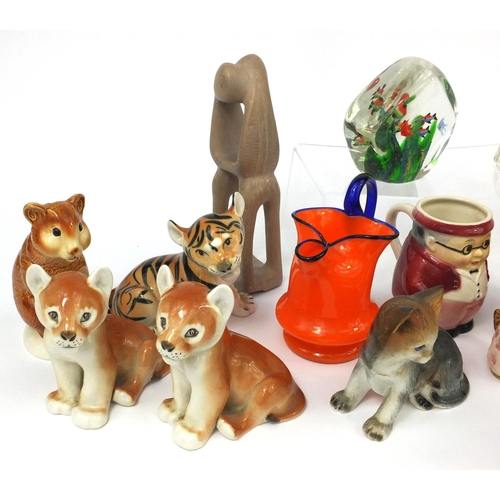 510 - Assorted china and glassware including Russian USSR Tiger cub, Beswick Beatrix Potter figure, Goebel... 