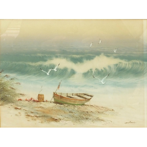57 - Chutchai? signed watercolour, moored boat before crashing waves, 35cm x 26cm excluding the mount and... 