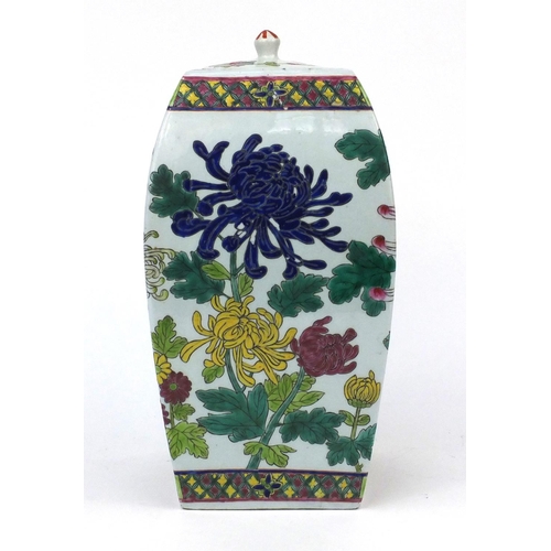 641 - Oriental porcelain flat sided vase and cover, enamelled with flowers, 34cm high