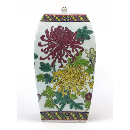 641 - Oriental porcelain flat sided vase and cover, enamelled with flowers, 34cm high