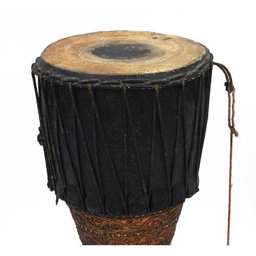 80 - African skin drum with hand painted and sequin decoration, 68cm high