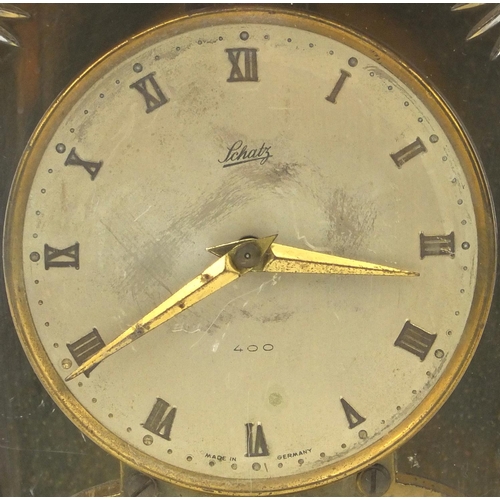 257 - Schatz German brass cased carriage clock with bevelled glass front and sides, 21cm high