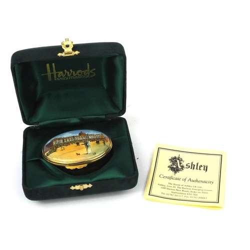 424 - Harrods House of Ashleigh enamelled trinket box with hinged lid, 6.5cm long with box