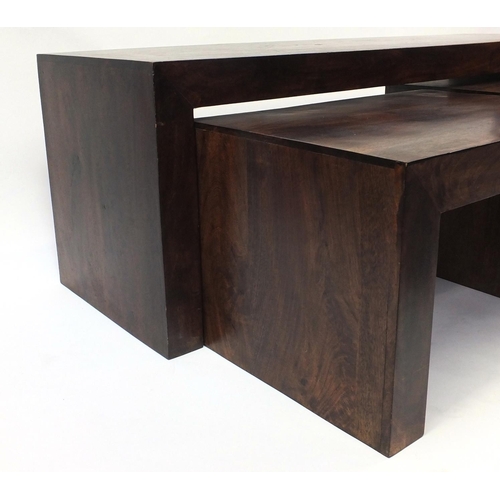 84 - Large rectangular oak coffee table with two smaller tables underneath, the largest 50cm high x 150cm... 