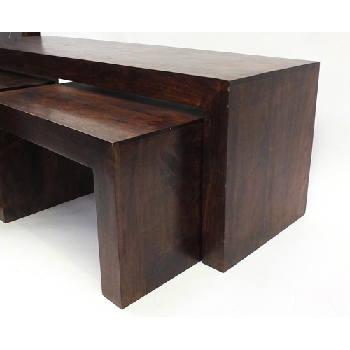 84 - Large rectangular oak coffee table with two smaller tables underneath, the largest 50cm high x 150cm... 