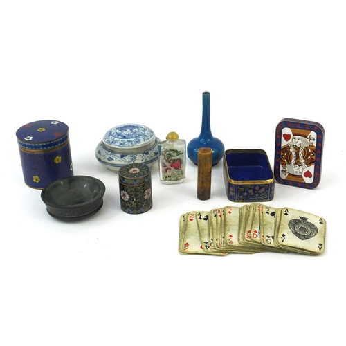 479 - Group of Oriental items including cloisonné boxes and covers, a carved soapstone weight, blue and wh... 