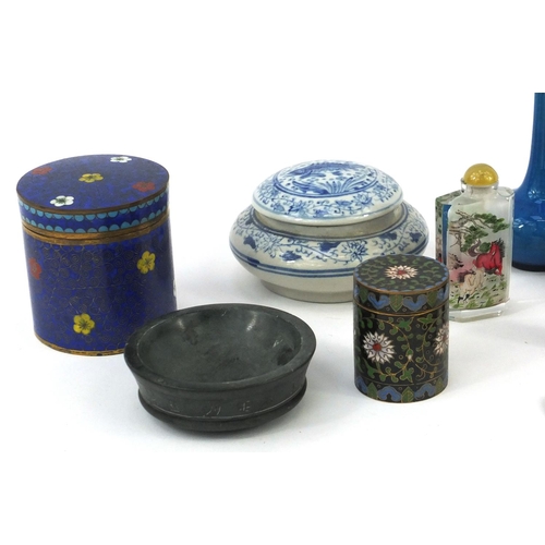 479 - Group of Oriental items including cloisonné boxes and covers, a carved soapstone weight, blue and wh... 