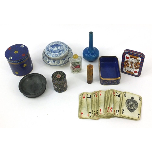 479 - Group of Oriental items including cloisonné boxes and covers, a carved soapstone weight, blue and wh... 