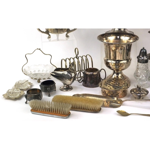 285 - Box of assorted silver plated items including a pair of candelabras, good quality fruit bowl with sw... 