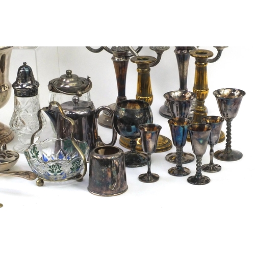 285 - Box of assorted silver plated items including a pair of candelabras, good quality fruit bowl with sw... 