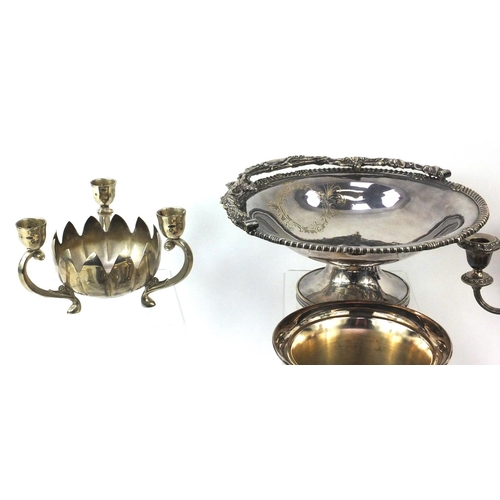 285 - Box of assorted silver plated items including a pair of candelabras, good quality fruit bowl with sw... 