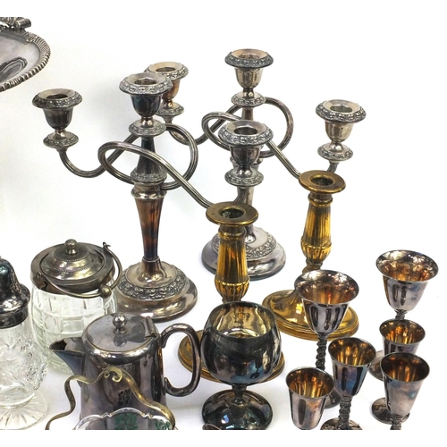 285 - Box of assorted silver plated items including a pair of candelabras, good quality fruit bowl with sw... 