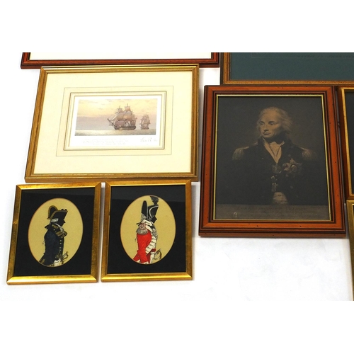 567 - Group of Lord Nelson and other silhouette prints, a pencil signed limited edition 'Victory' print et... 