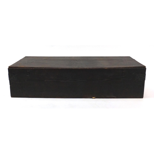 124 - Stained pine panel box with hinged lid, 26cm high x 106ccm wide x 41cm deep