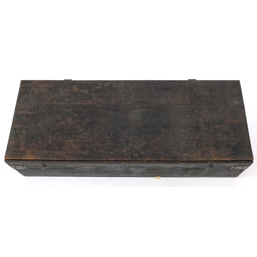 124 - Stained pine panel box with hinged lid, 26cm high x 106ccm wide x 41cm deep