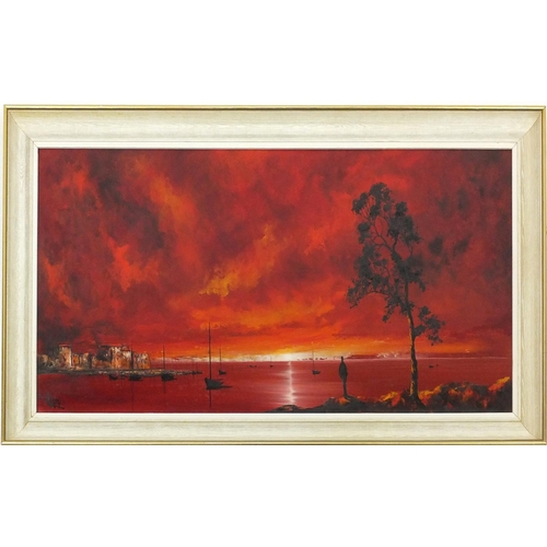 463 - K.Lee signed oil on board, sunrise over a harbour, contemporary framed, 100cm x 49cm