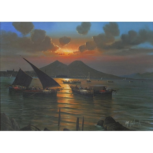 461 - Oil on canvas, figures on fishing boats before a sunset over mountains, framed, 69cm x 49cm excludin... 