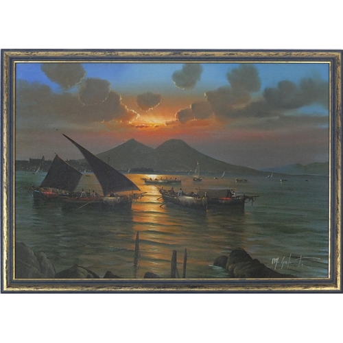 461 - Oil on canvas, figures on fishing boats before a sunset over mountains, framed, 69cm x 49cm excludin... 