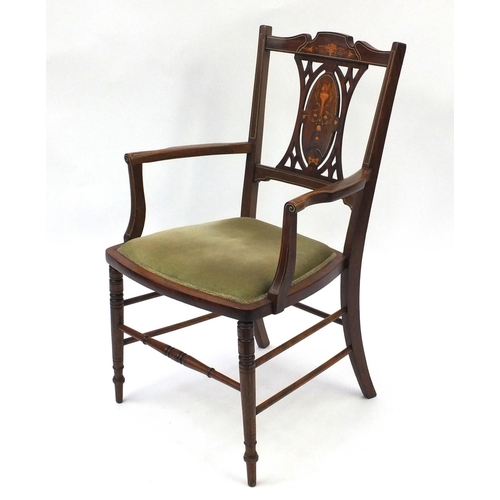 65 - Edwardian inlaid mahogany open armchair with green upholstered seat, 90cm high