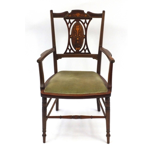 65 - Edwardian inlaid mahogany open armchair with green upholstered seat, 90cm high