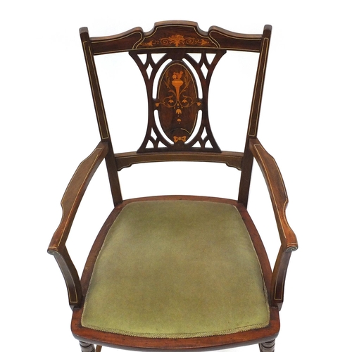 65 - Edwardian inlaid mahogany open armchair with green upholstered seat, 90cm high