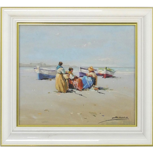 518 - Sinovas? signed oil on board, figures gathered at the beach, with paperwork to the reverse, 26cm x 2... 