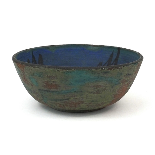 650 - Raku hand painted pottery fruit bowl, 10.5cm high x 26cm in diameter