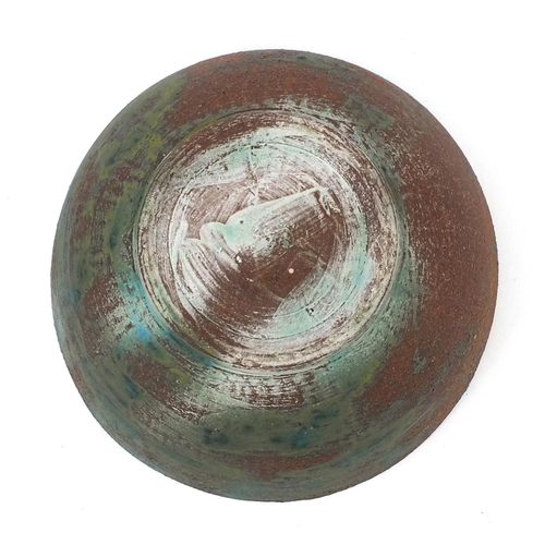 650 - Raku hand painted pottery fruit bowl, 10.5cm high x 26cm in diameter