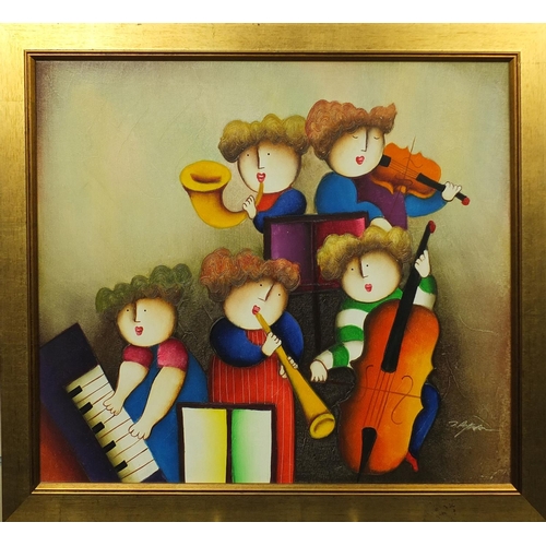 342 - Oil onto canvas of five musicians, bearing an indistinct signature, gilt framed, 60cm x 50cm excludi... 