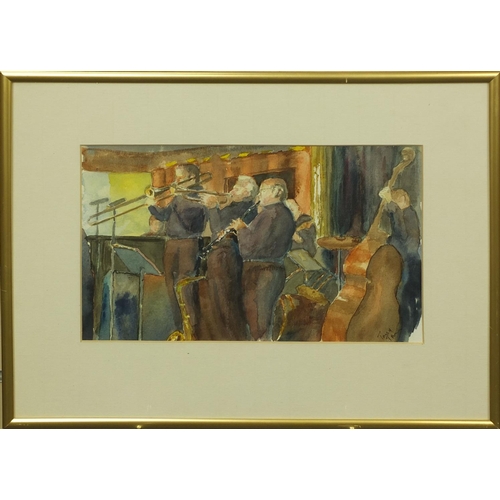 517 - Tony Trim - Watercolour of musicians, label verso, mounted and framed, 28cm x 17cm excluding the mou... 