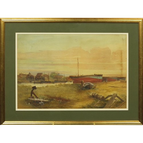 341 - Unsigned watercolour of moored boats, possibly Rye or Hastings, mounted and gilt framed, 47cm x 32cm... 