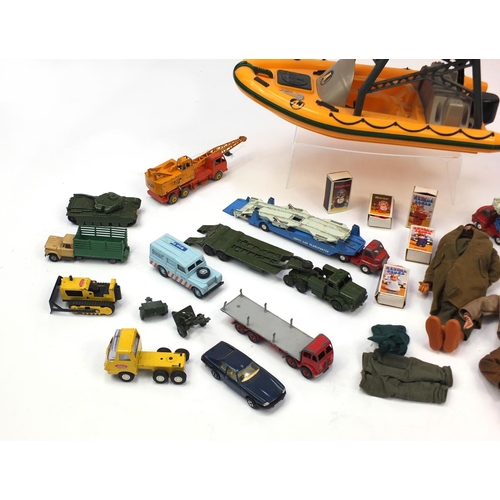 576 - Collection of vintage action men and accessories, die cast vehicles including Dinky and Corgi exampl... 