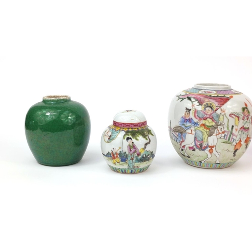 497 - Five Oriental porcelain ginger jars, two with covers, some decorated with figures, the largest 15cm ... 