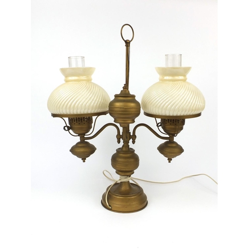 345 - Victorian two branch oil lamp with glass shades converted to electric use, 58cm high