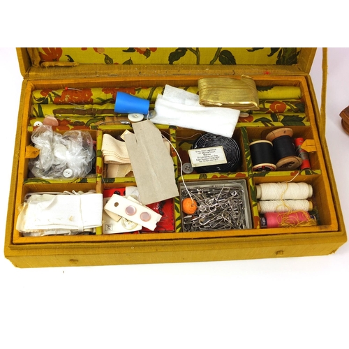 186 - Satin wood work box with hinged lid and a box of sewing items