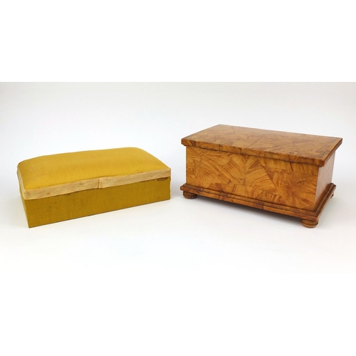 186 - Satin wood work box with hinged lid and a box of sewing items